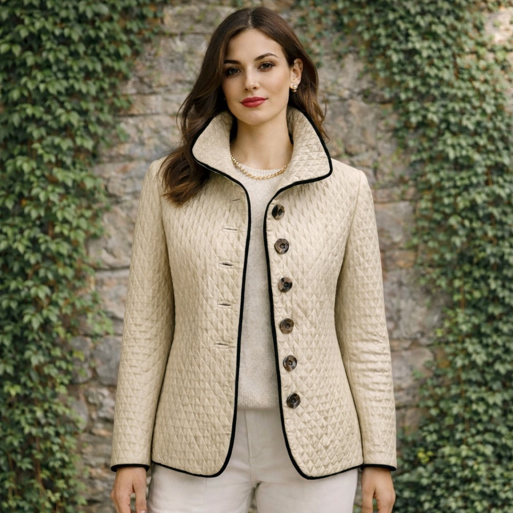 QUADRILLE Quiet Luxury Tan Quilted Jacket with Black Trim, 10